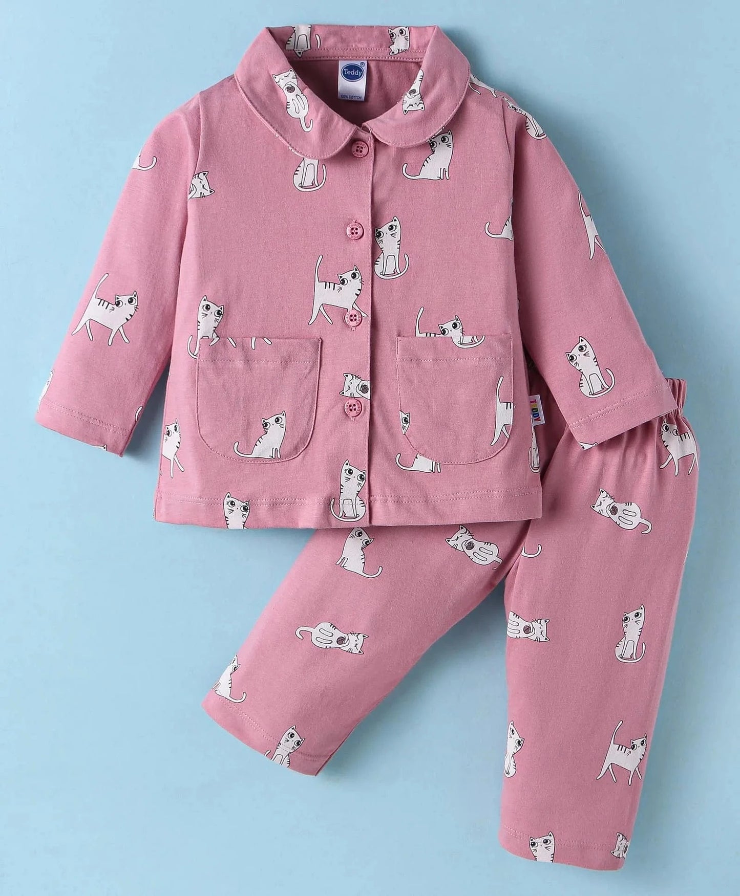 Night Suit For Baby Girls | Cat Print | Pink