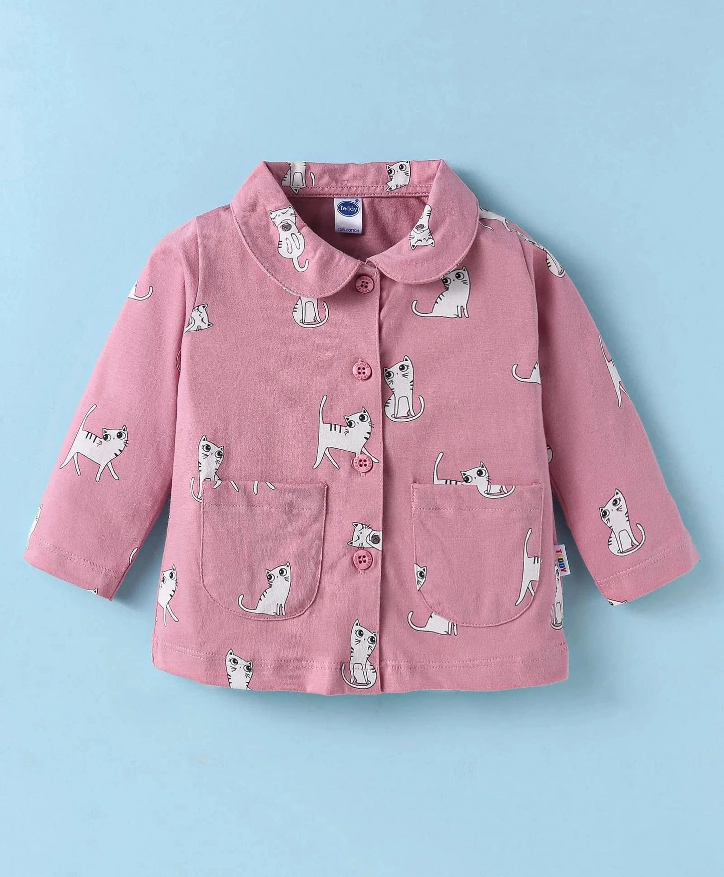 Night Suit For Baby Girls | Cat Print | Pink