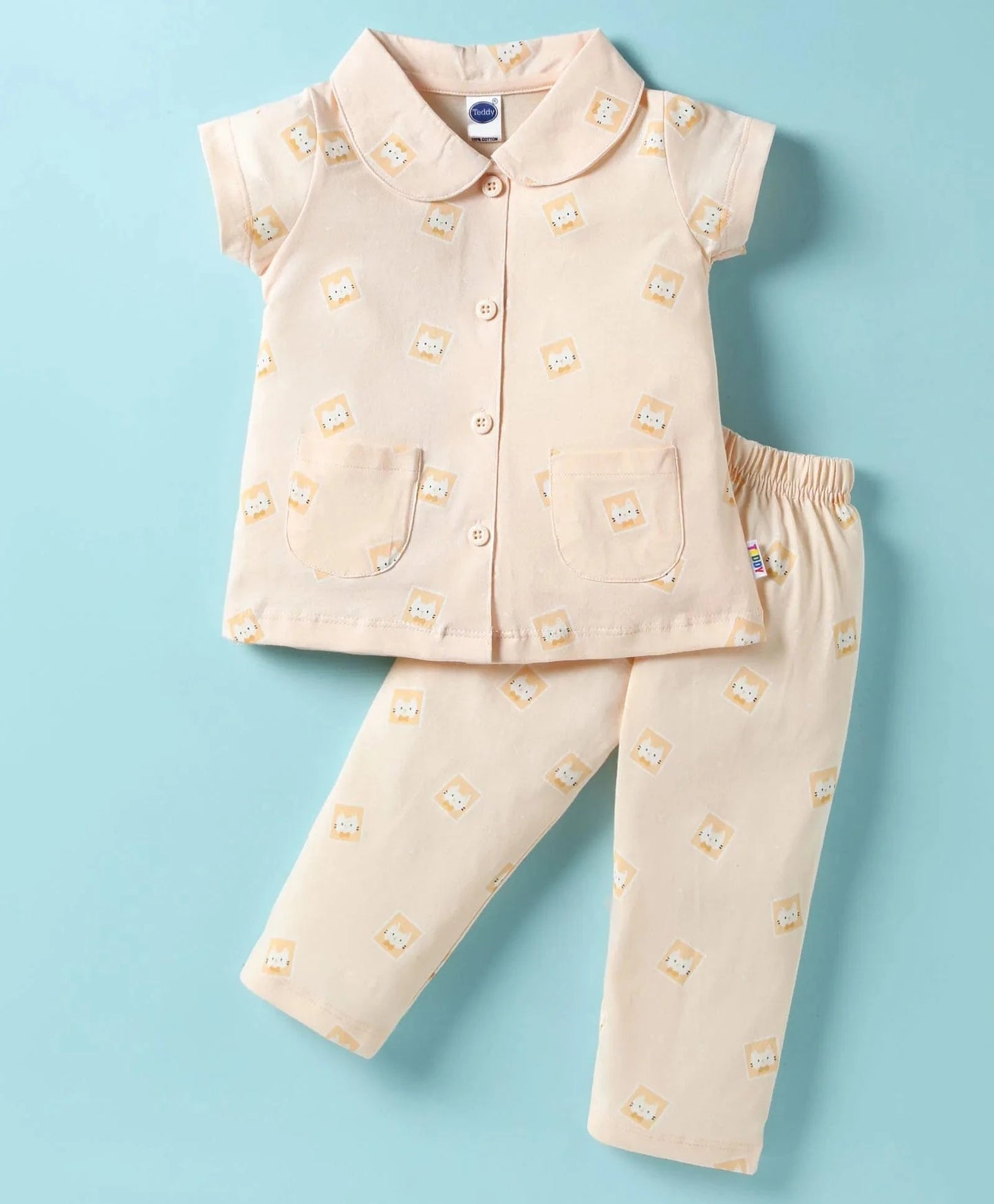 Beige Teddy Sinker Girls's Half Sleeve Sleepwear Set | Front Open