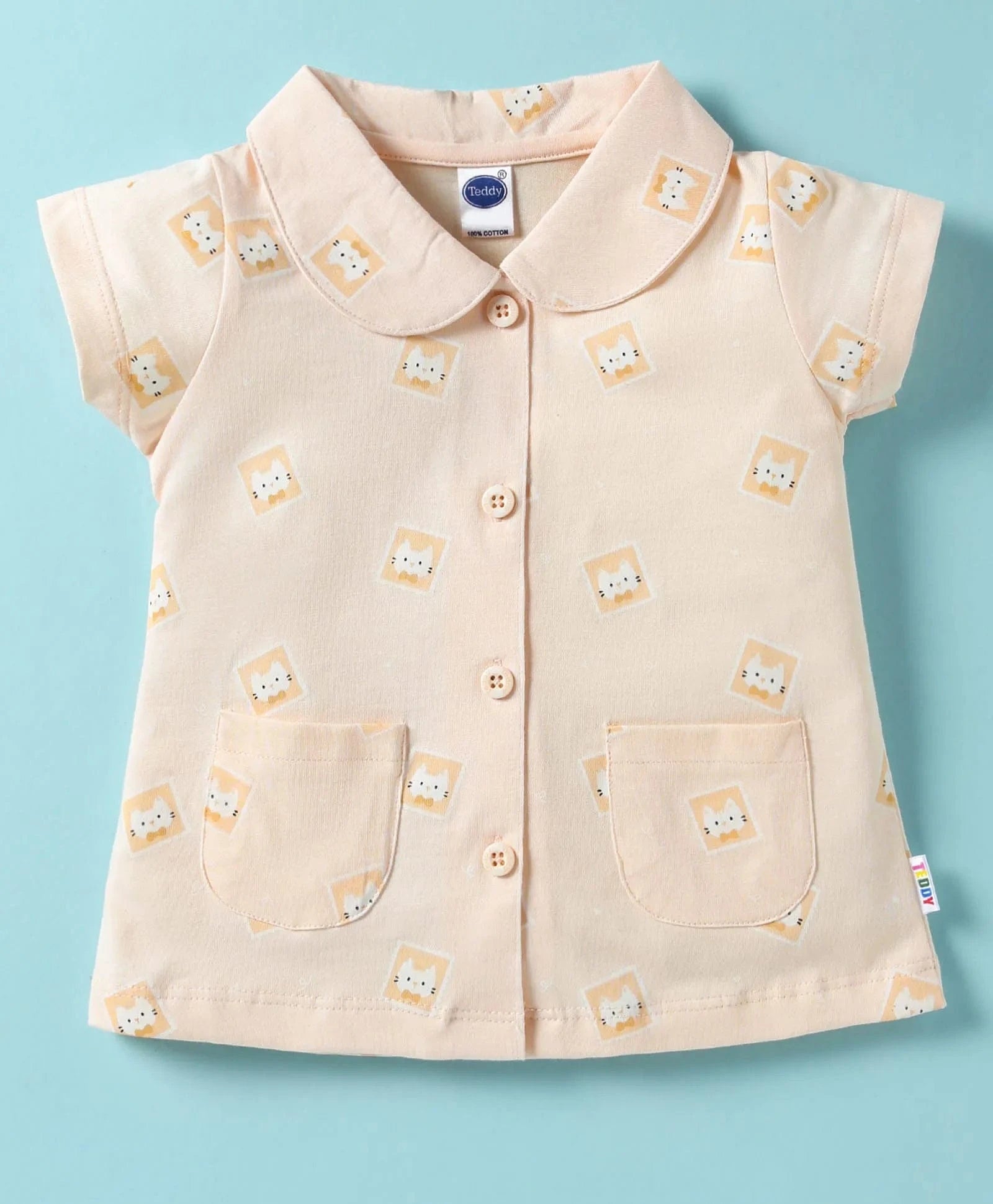 Beige Teddy Sinker Girls's Half Sleeve Sleepwear Set | Front Open