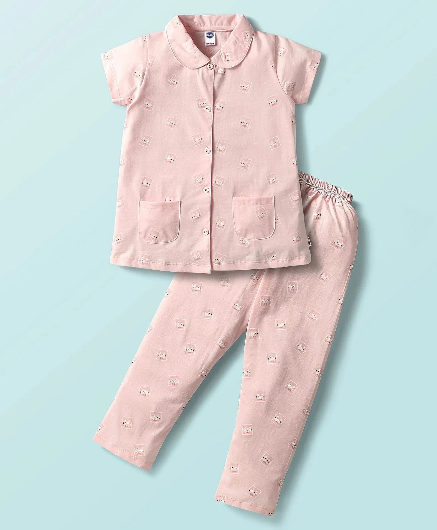 Pink Teddy Sinker Girls's Half Sleeve Sleepwear Set | Front Open