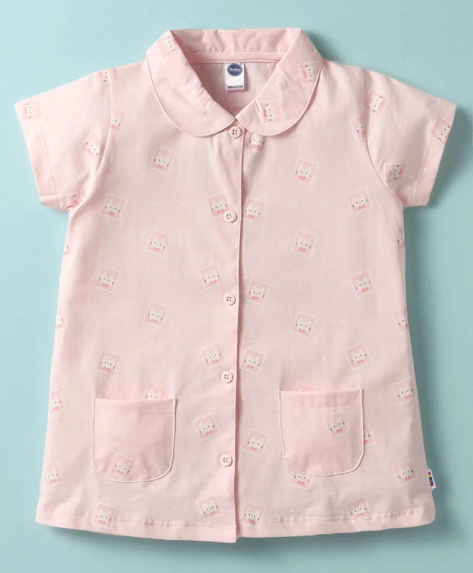 Pink Teddy Sinker Girls's Half Sleeve Sleepwear Set | Front Open