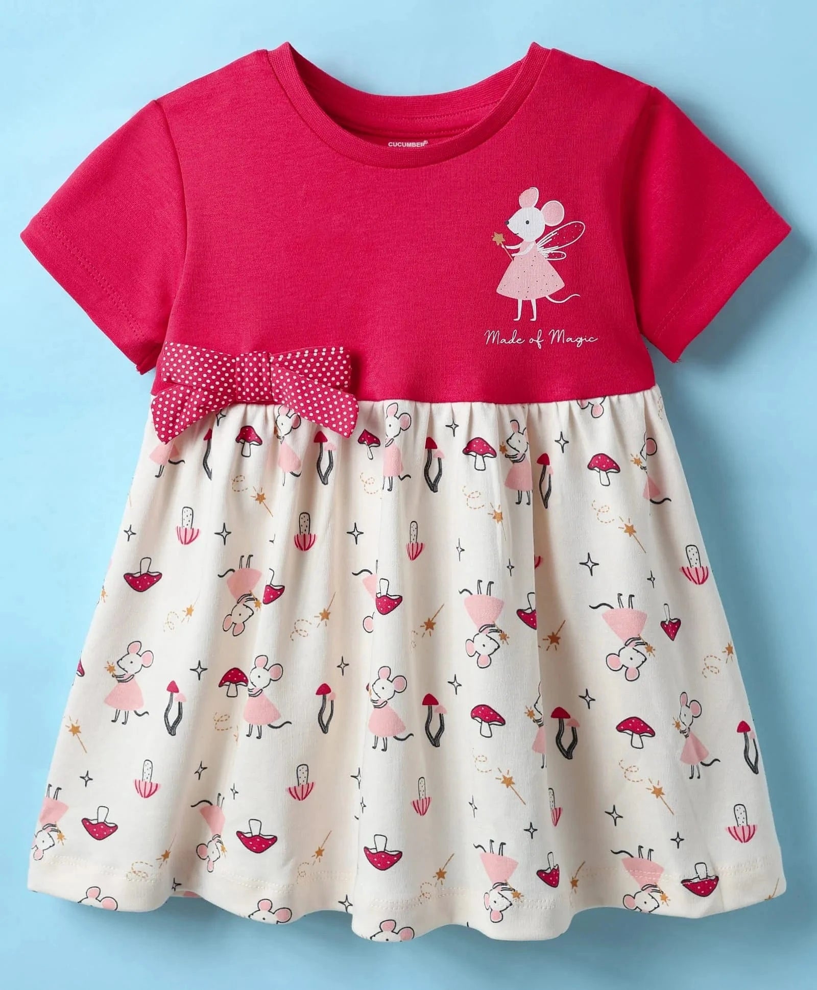 Frock For Girls | Half Sleeves | Mouse Print | 100% Cotton | Red