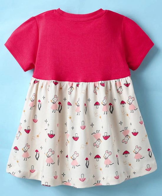 Frock For Girls | Half Sleeves | Mouse Print | 100% Cotton | Red