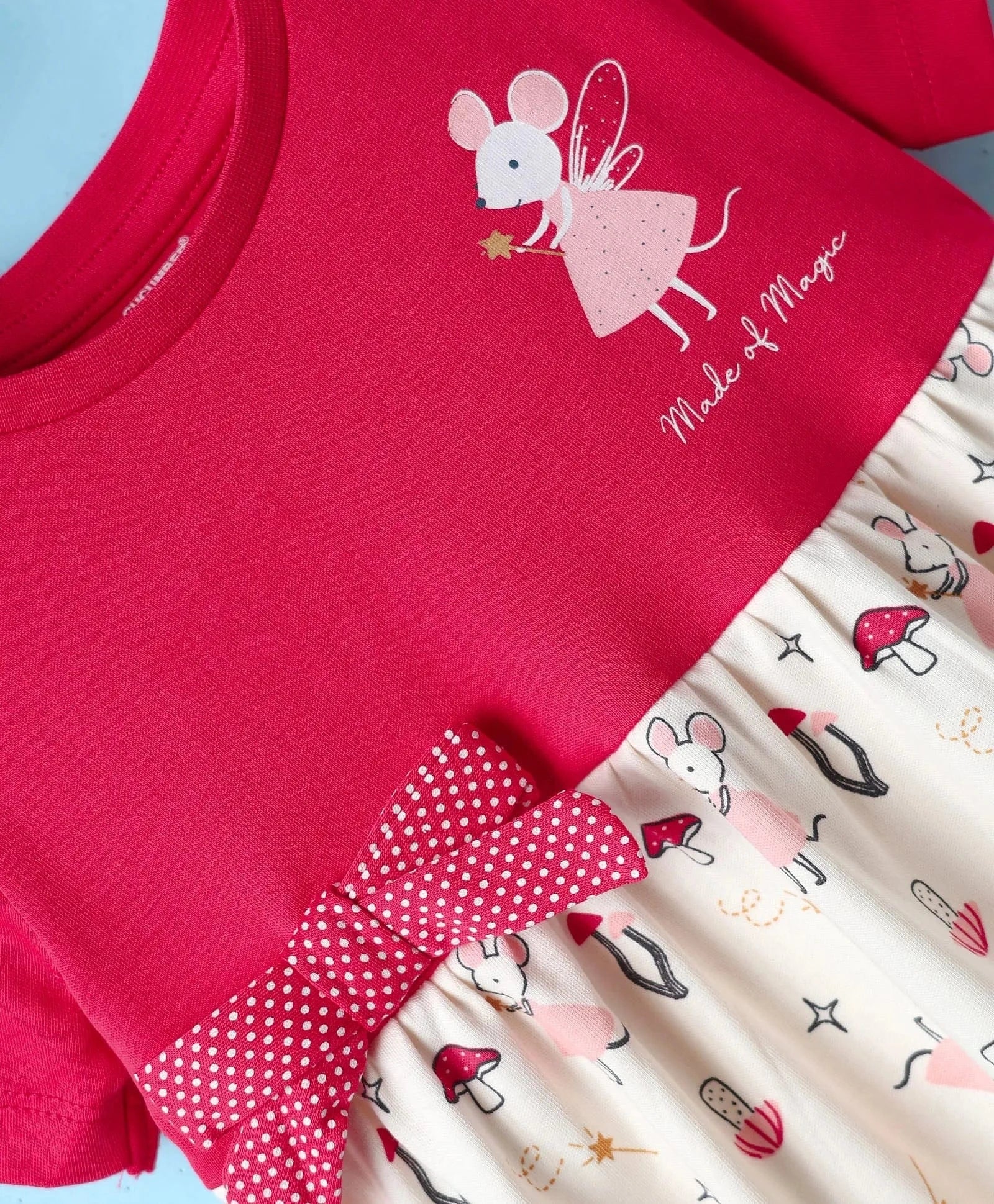 Frock For Girls | Half Sleeves | Mouse Print | 100% Cotton | Red