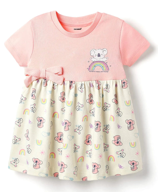 Frock For Girls | Half Sleeves | Unicorn Print | 100% Cotton | Peach