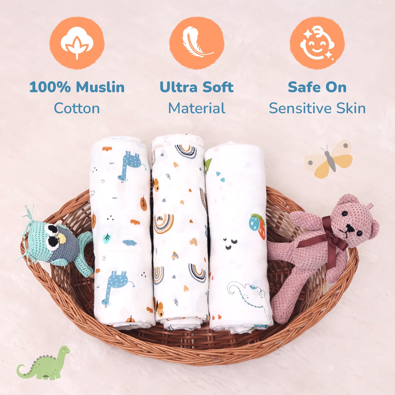 Muslin Swaddles For Newborn | Organic Muslin Wrapper For Babies | Pack of 3