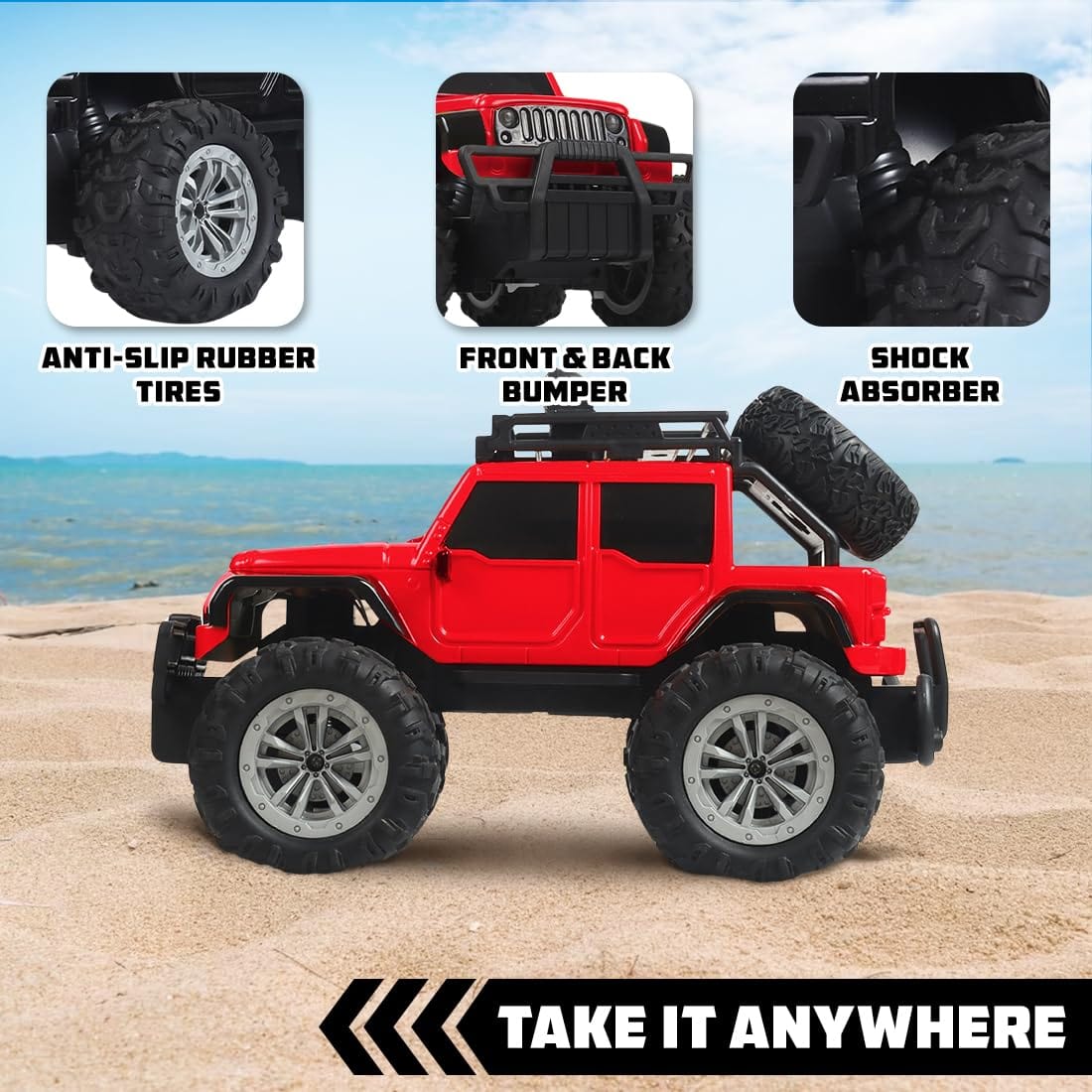 RC Car Monster Truck Toy | Off Roader | Rechargable & remote Controlled | Red