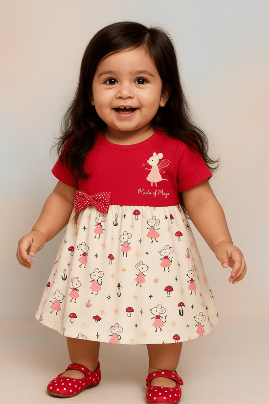Frock For Girls | Half Sleeves | Mouse Print | 100% Cotton | Red