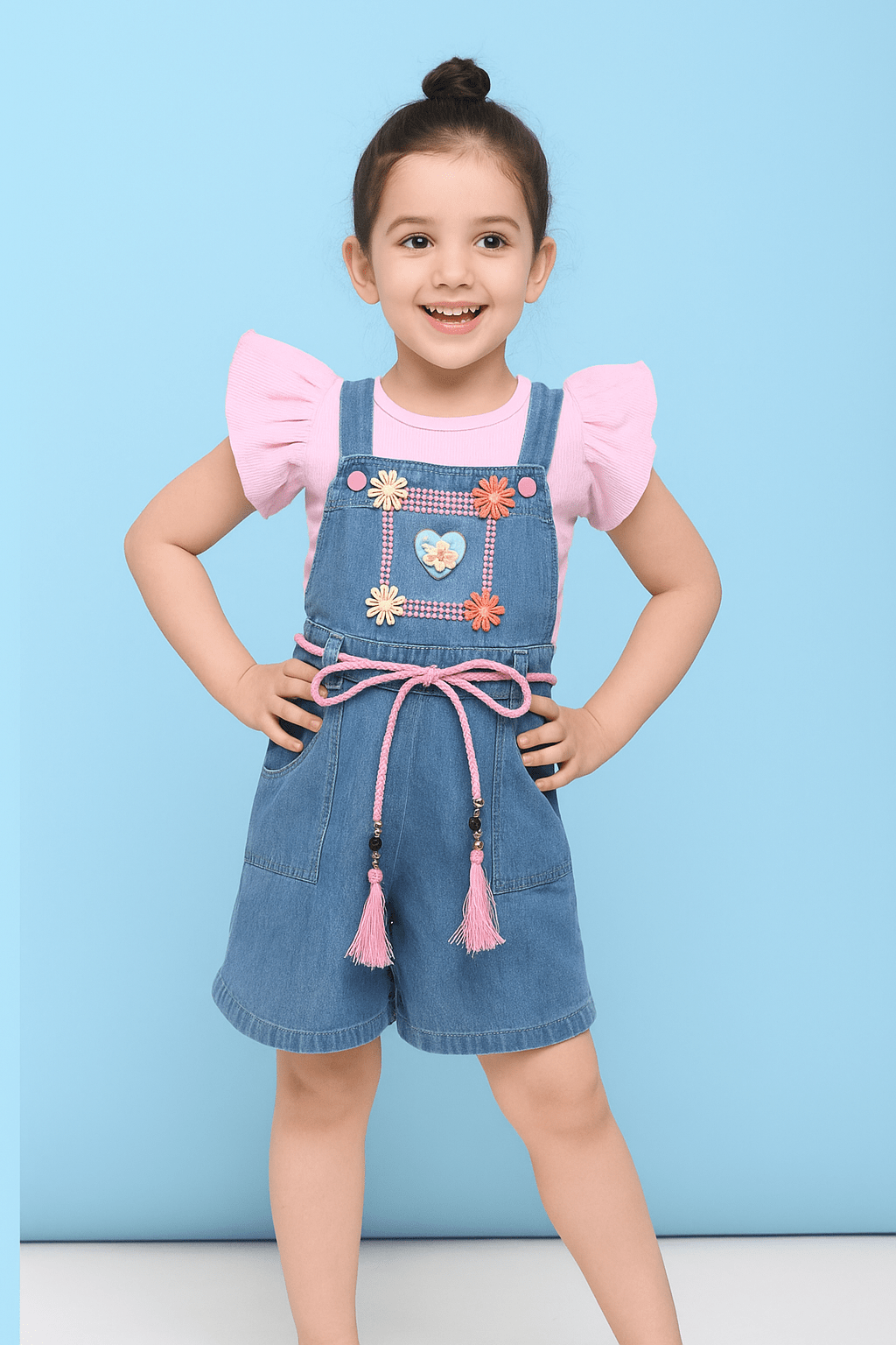 Dugaree Set For Girls | Capri Size Dungaree | Solid Tshirt | Pack of 1