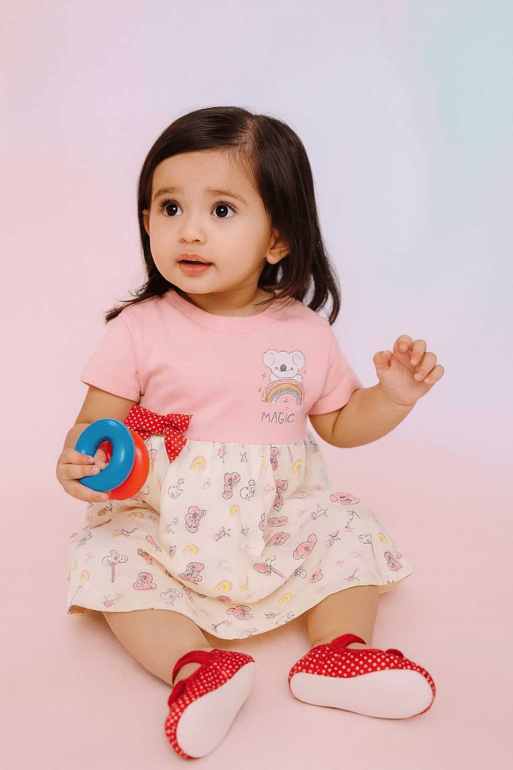 Frock For Girls | Half Sleeves | Unicorn Print | 100% Cotton | Peach