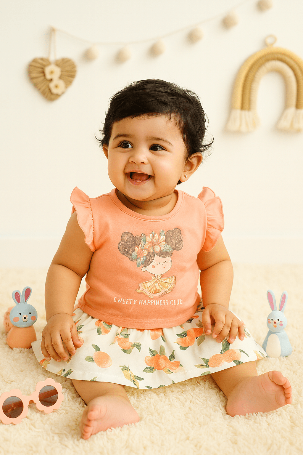 Girls Printed Orange Skirt With Top