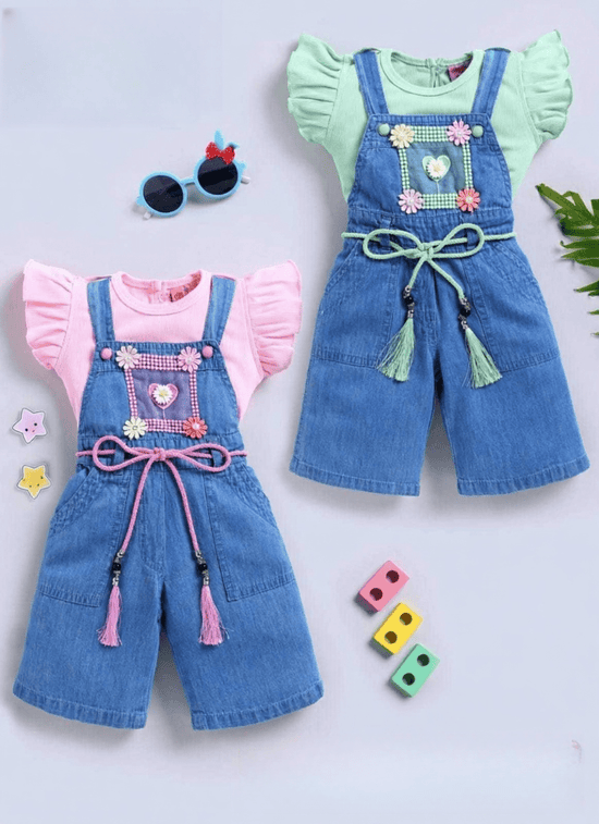 Dugaree Set For Girls | Capri Size Dungaree | Solid Tshirt | Pack of 1