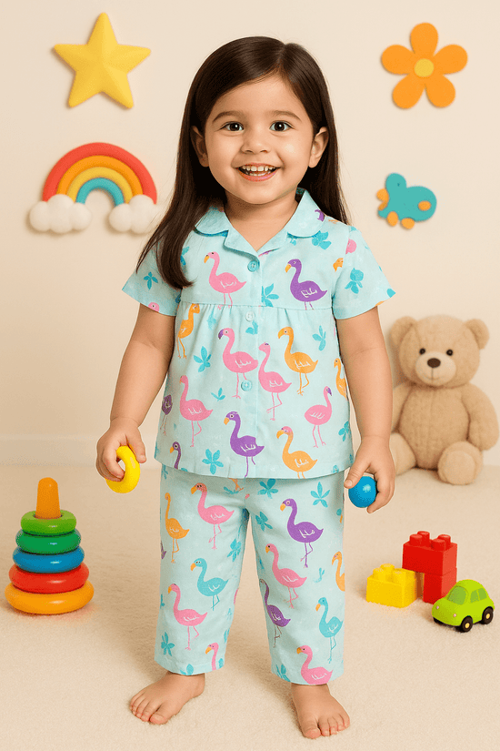 SleepWear Set For Baby Girls | Flamingo Print | Blue