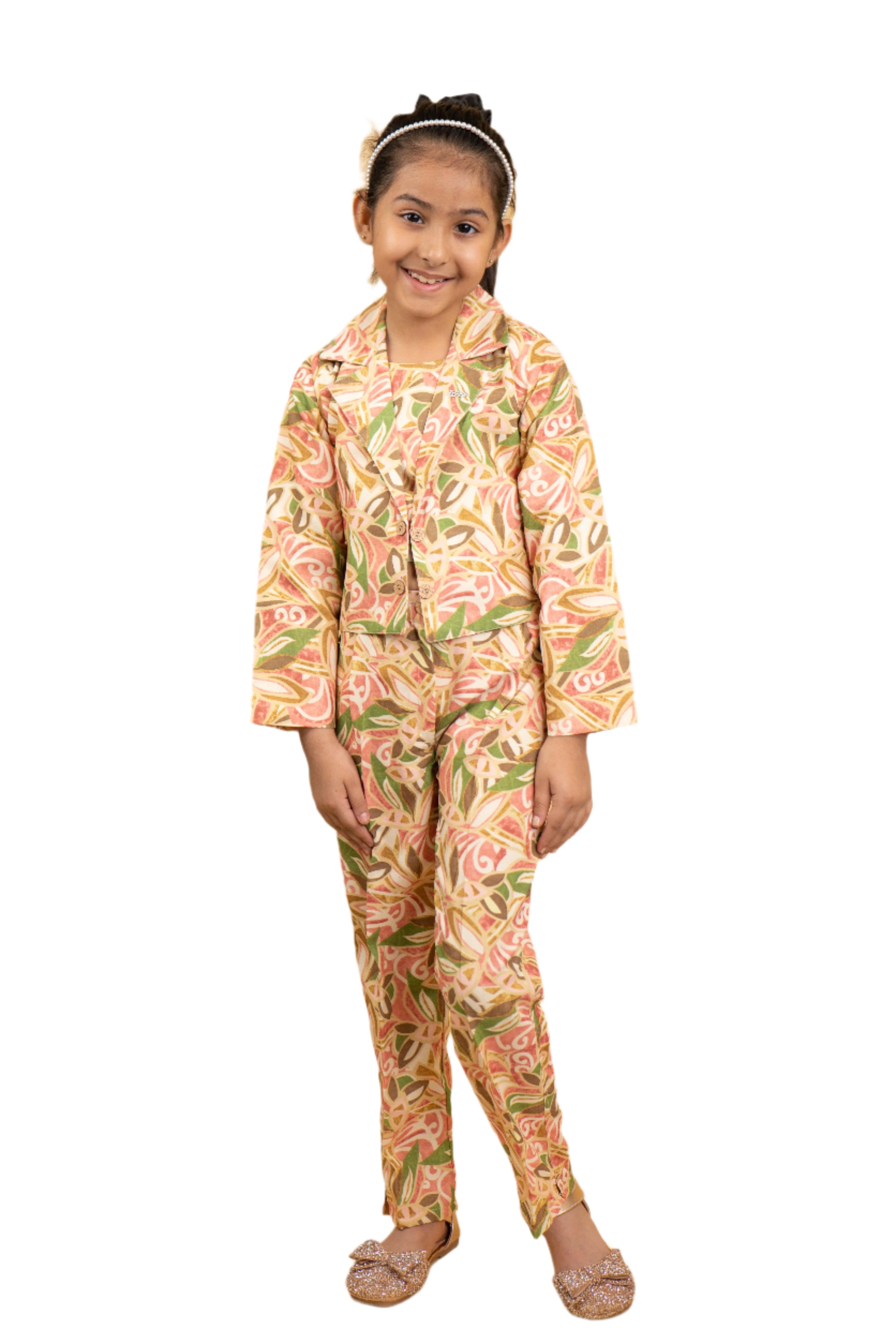 Beige Base Floral Cord Set For Girls