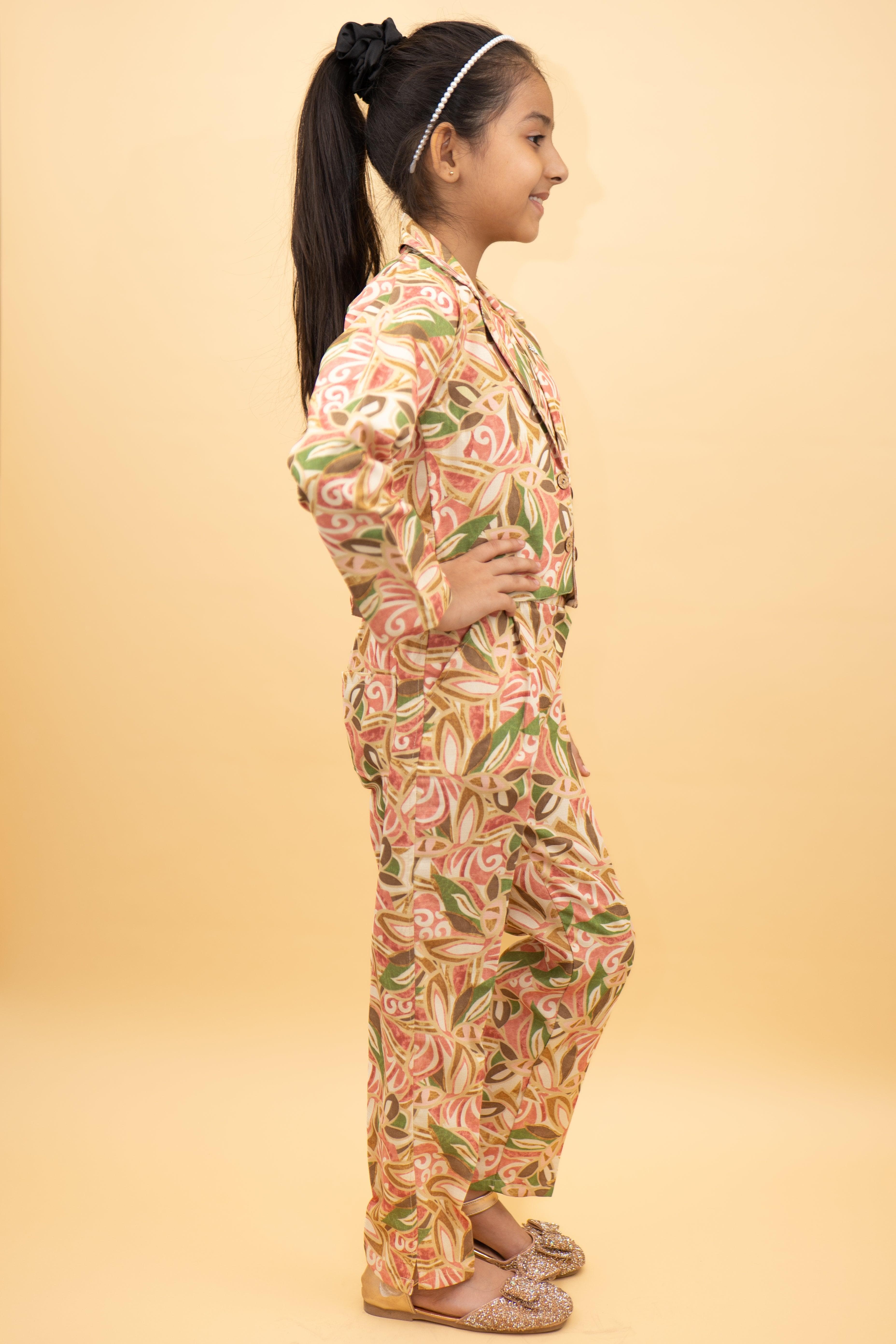 Beige Base Floral Cord Set For Girls