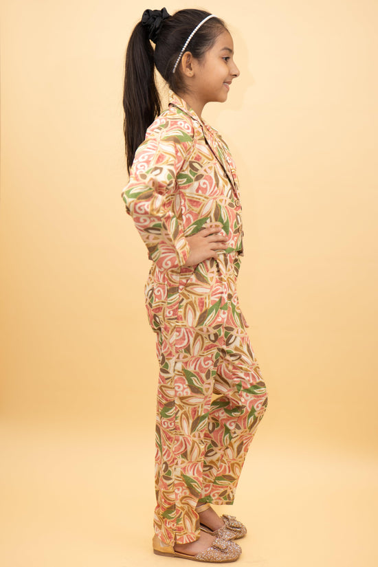 Beige Base Floral Cord Set For Girls