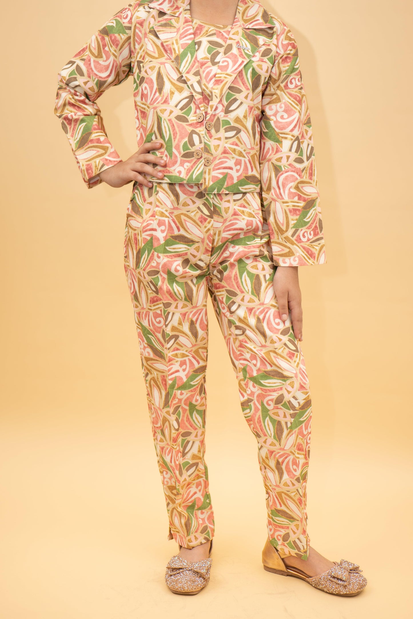 Beige Base Floral Cord Set For Girls