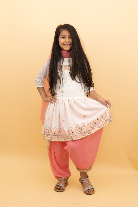 Kurta Dhoti Set For Girls: White Kurta with Pink Dhoti and Dupatta Set