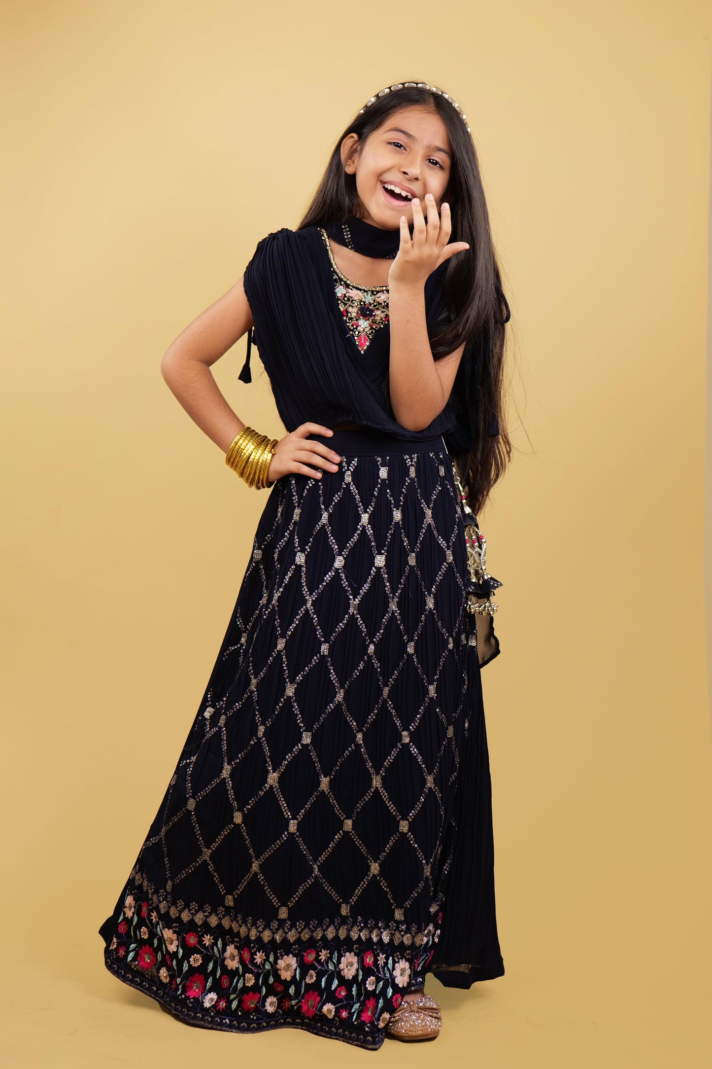 Navi Blue Lehenga Choli Set For Girls