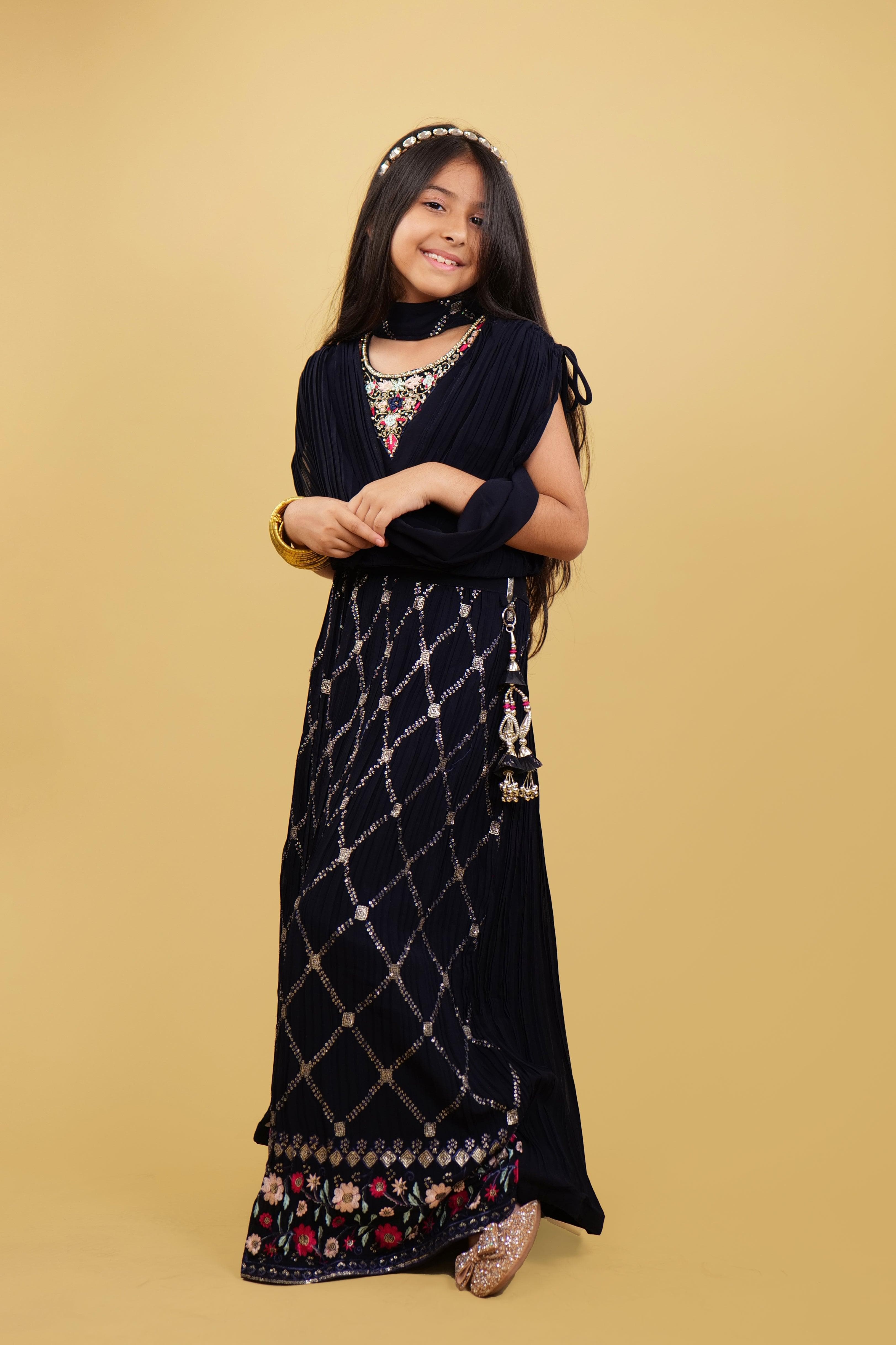 Navi Blue Lehenga Choli Set For Girls