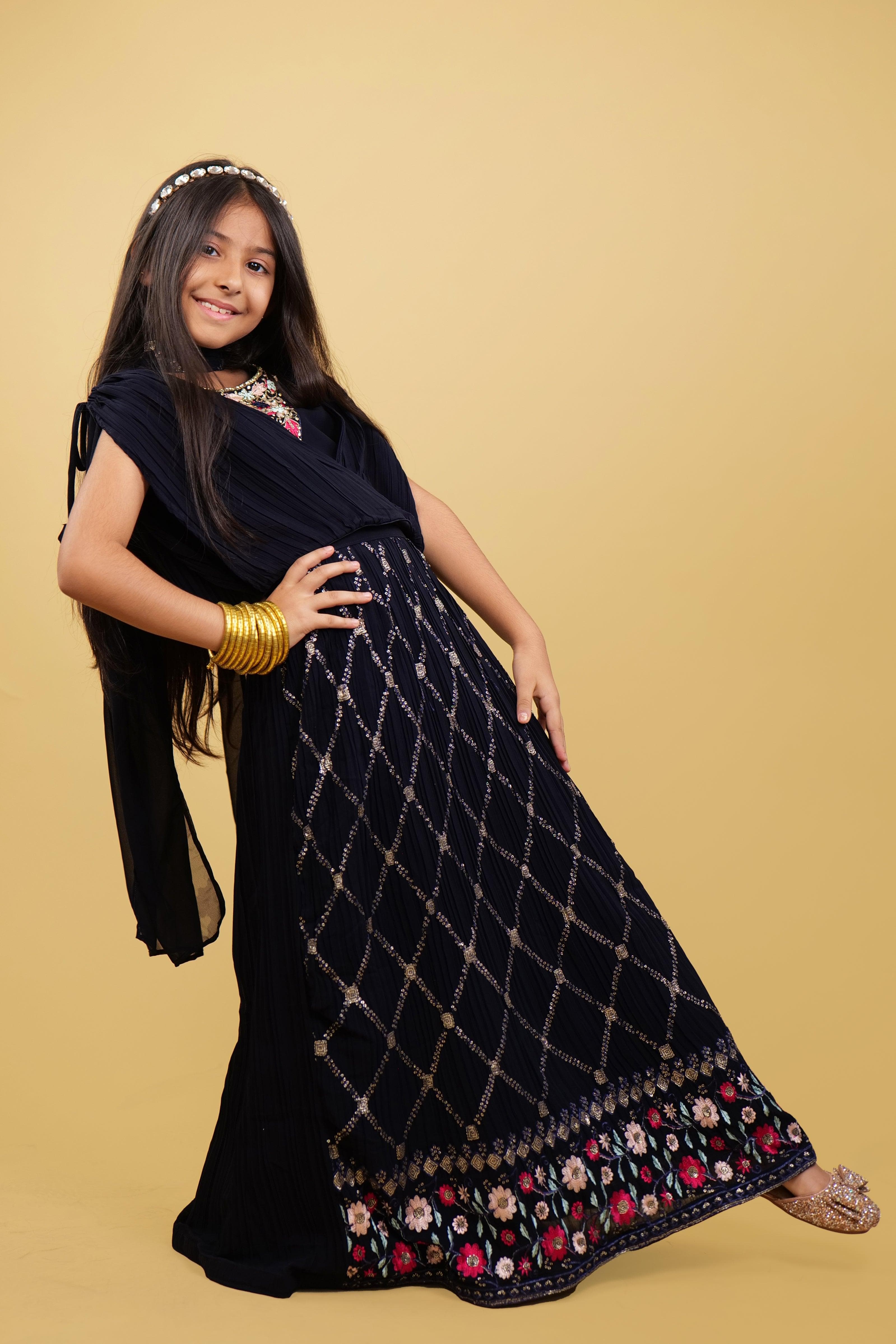 Navi Blue Lehenga Choli Set For Girls