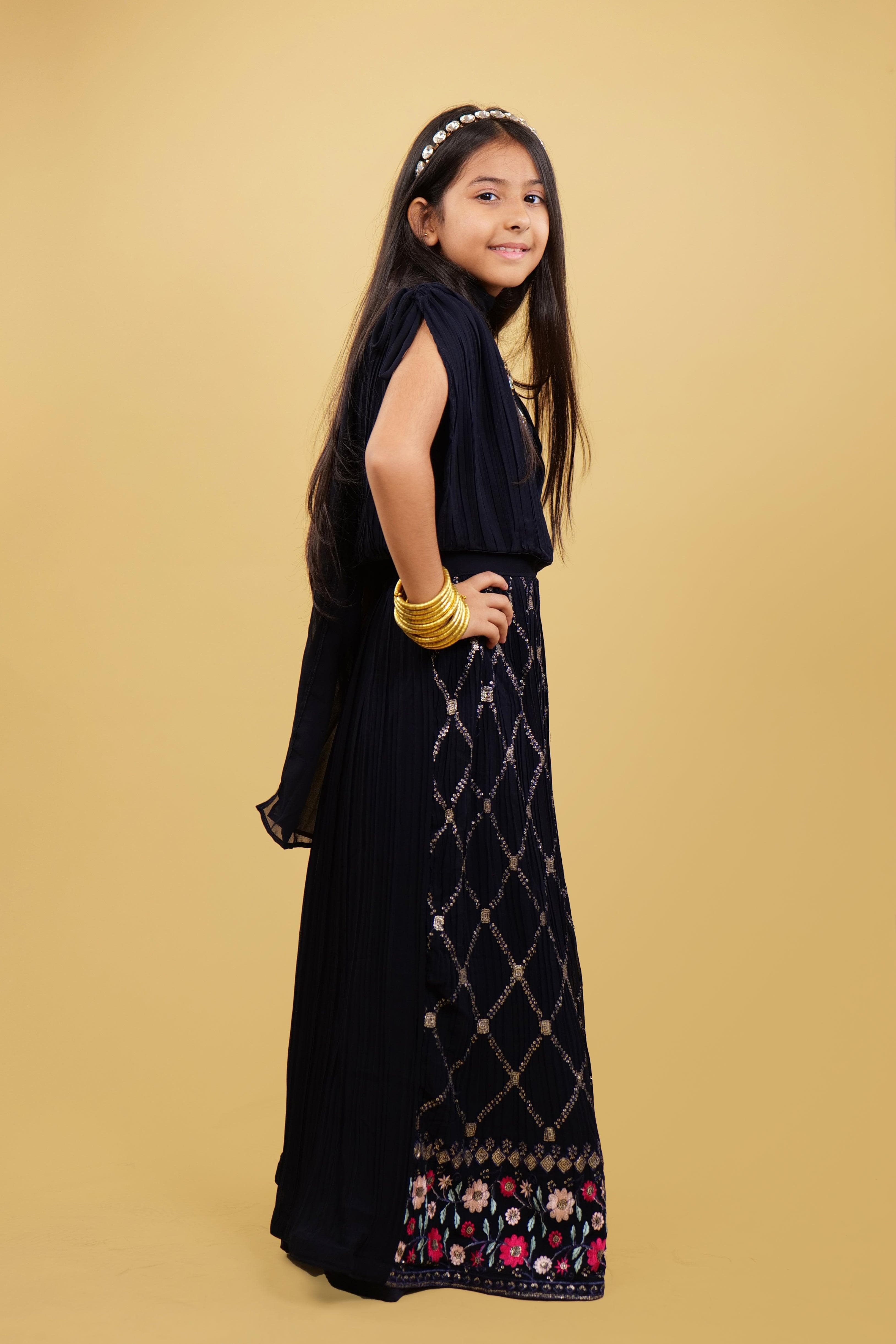 Navi Blue Lehenga Choli Set For Girls