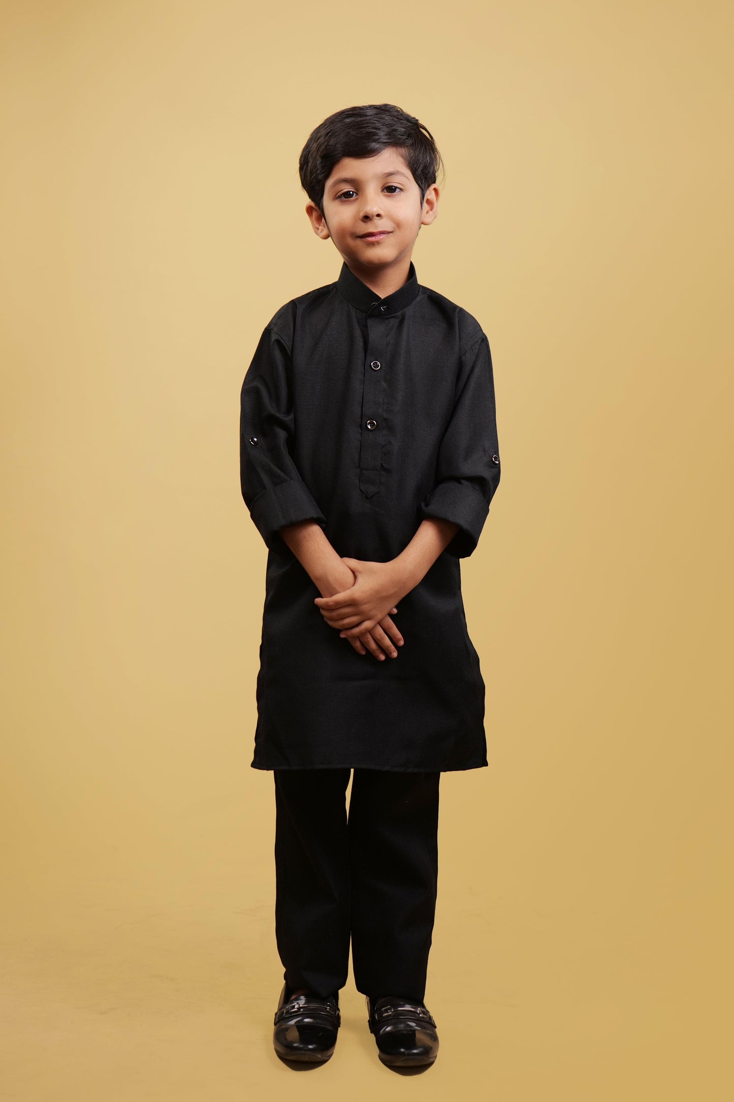 Self Design Black Boys' Kurta Pajyama
