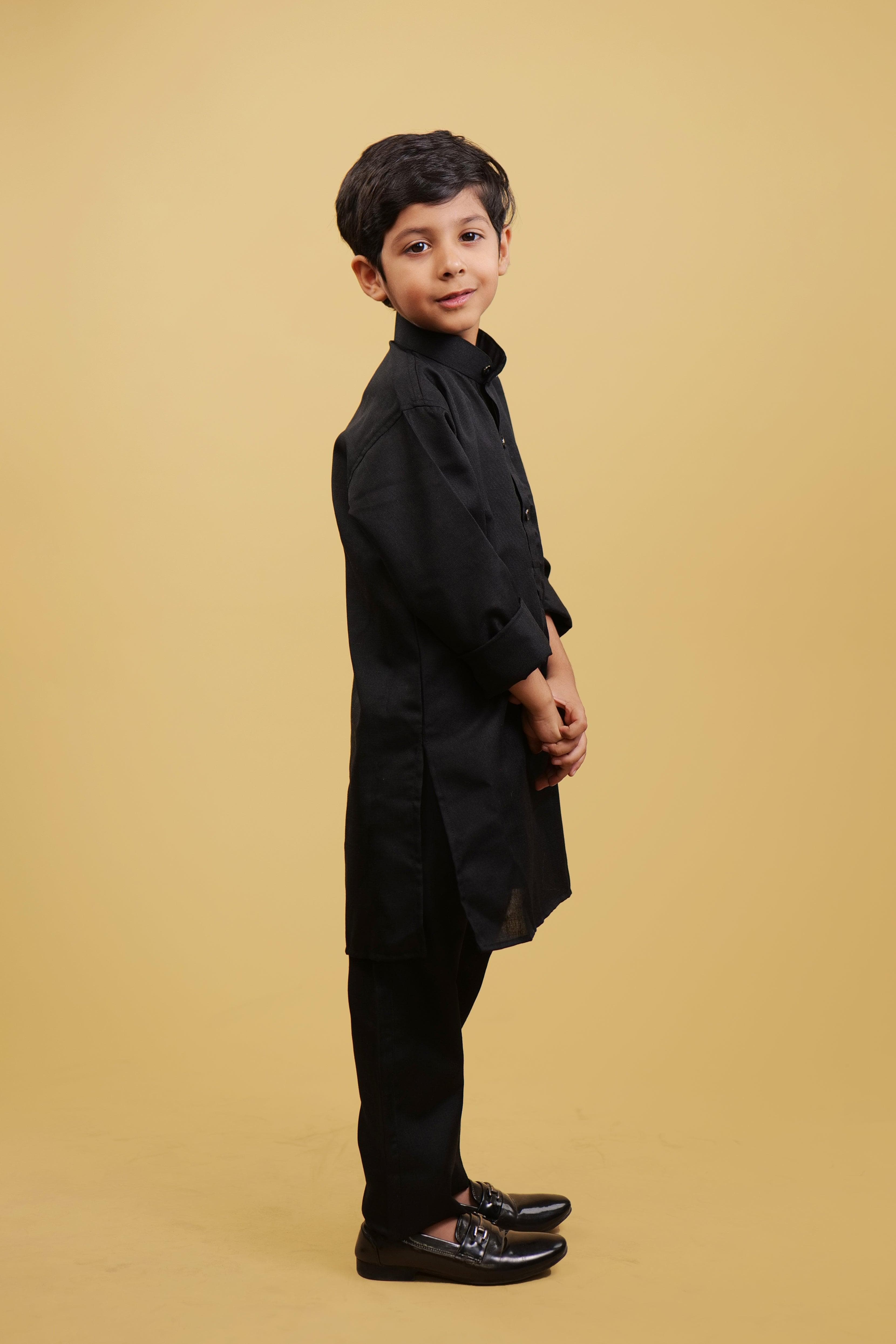 Self Design Black Boys' Kurta Pajyama