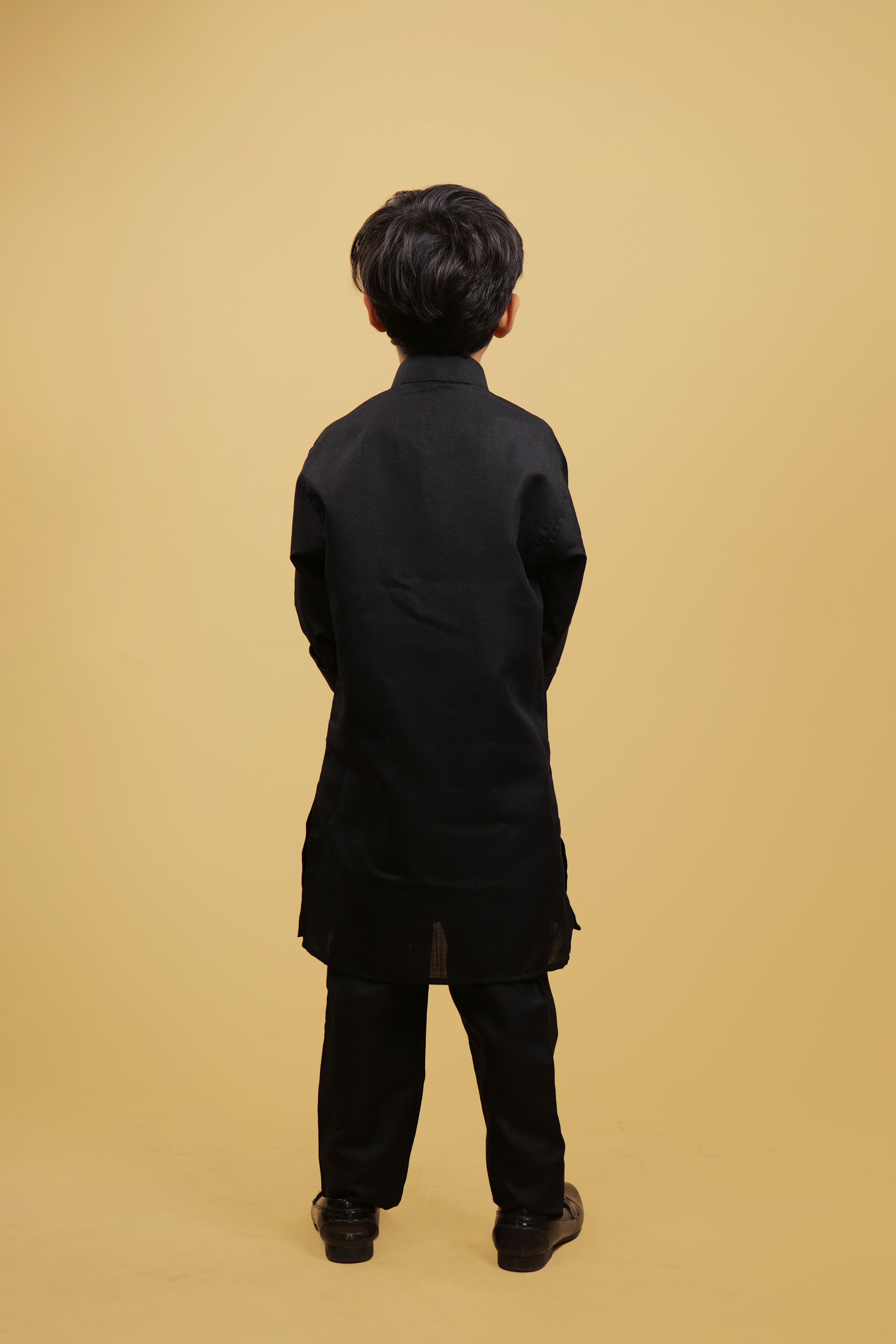 Self Design Black Boys' Kurta Pajyama