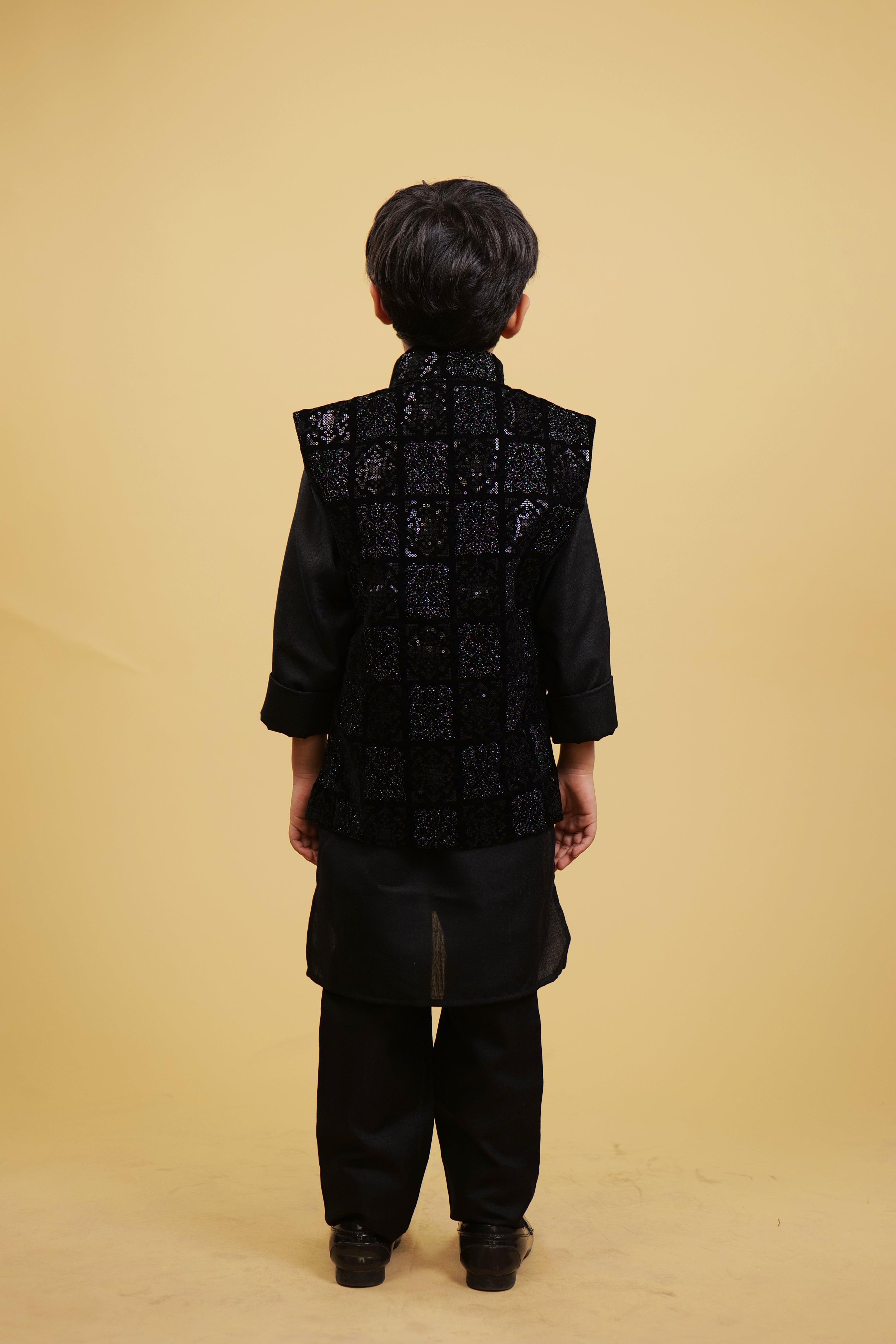Self Design Black Boys' Kurta Pajyama