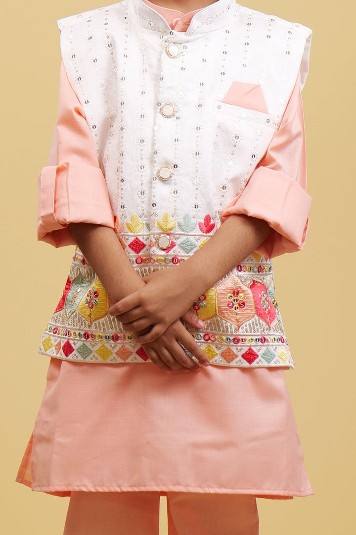 Embroidered Peach Boy's Kurta Pyjama