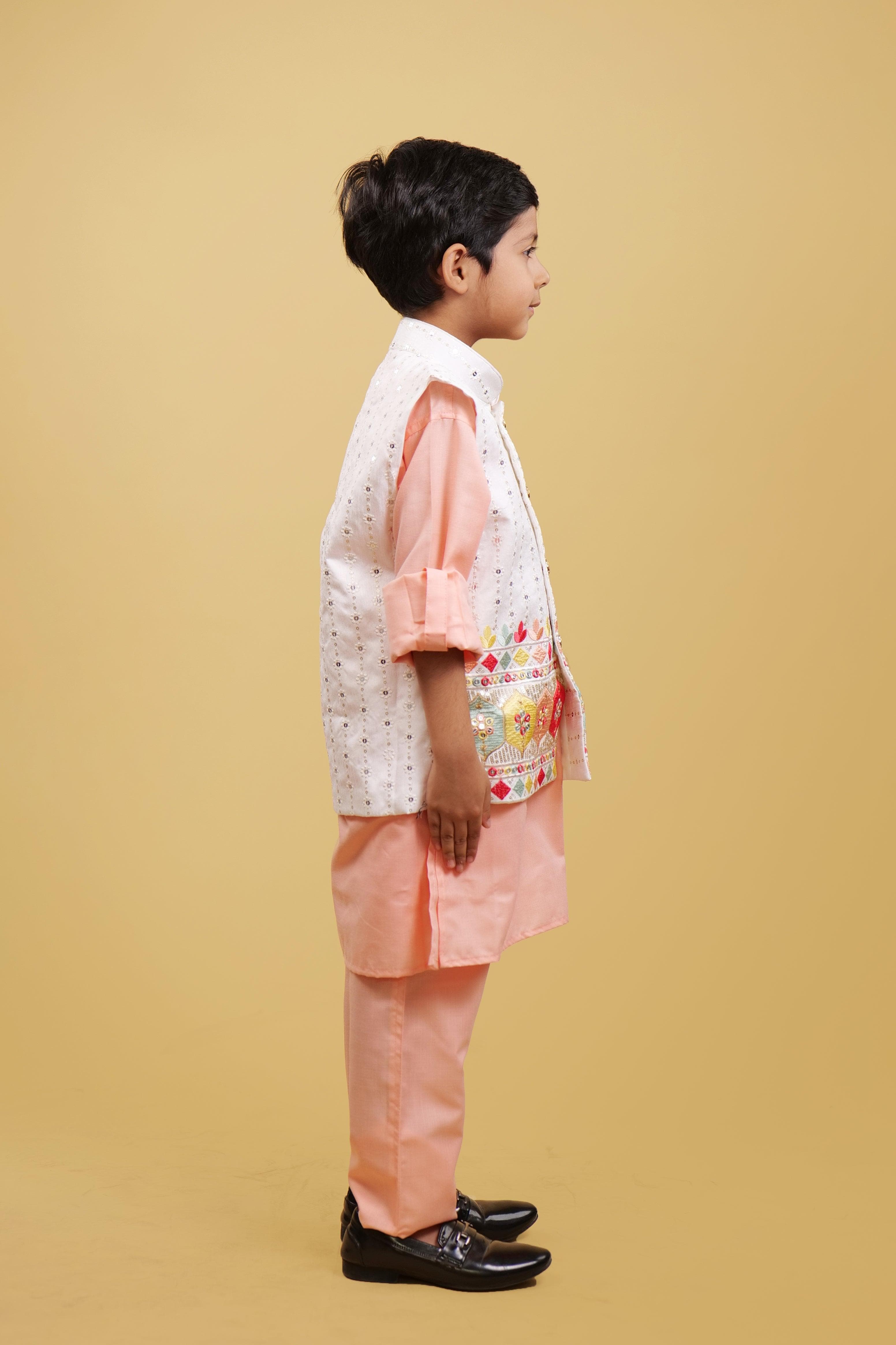 Embroidered Peach Boy's Kurta Pyjama