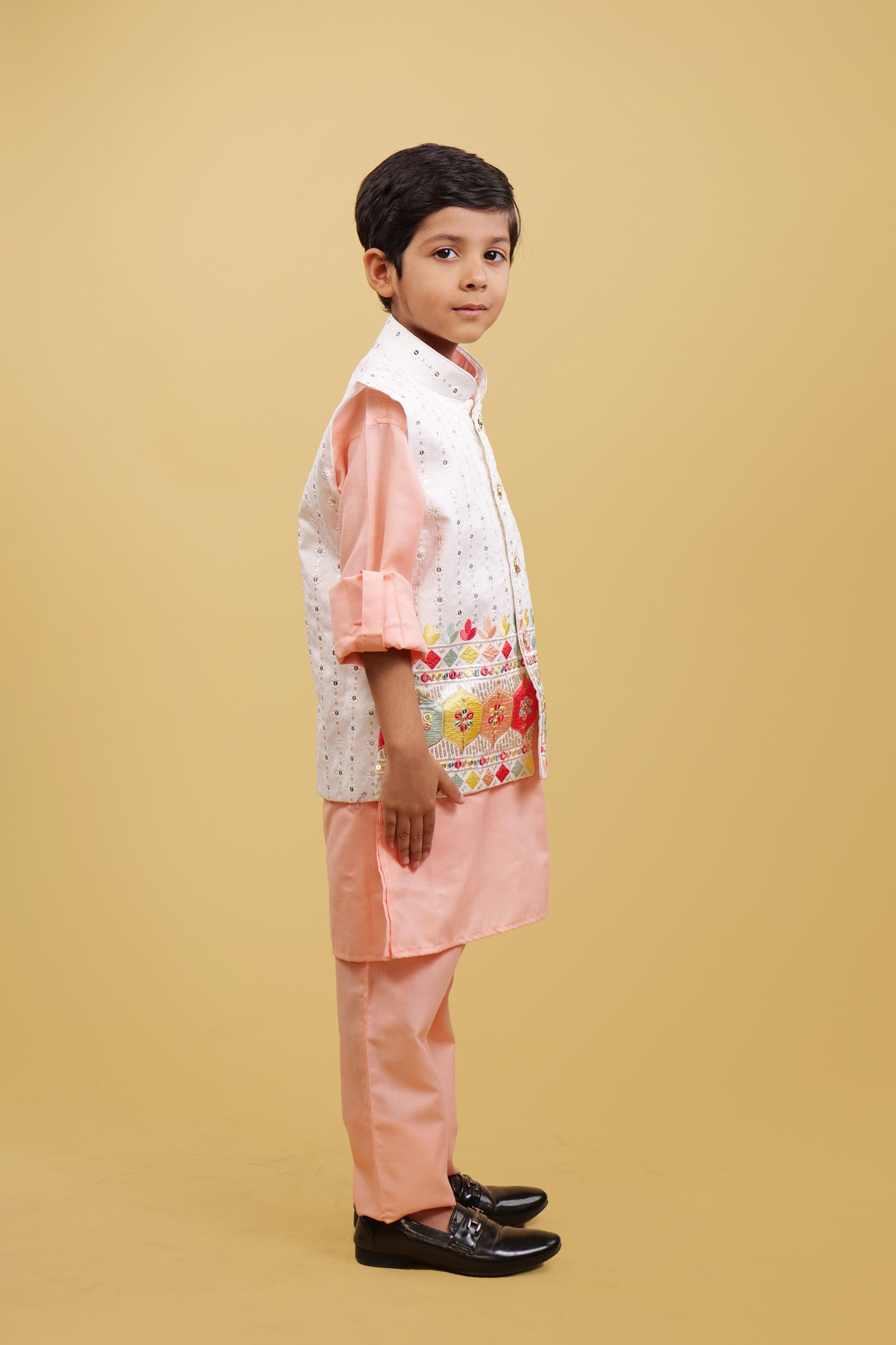 Embroidered Peach Boy's Kurta Pyjama