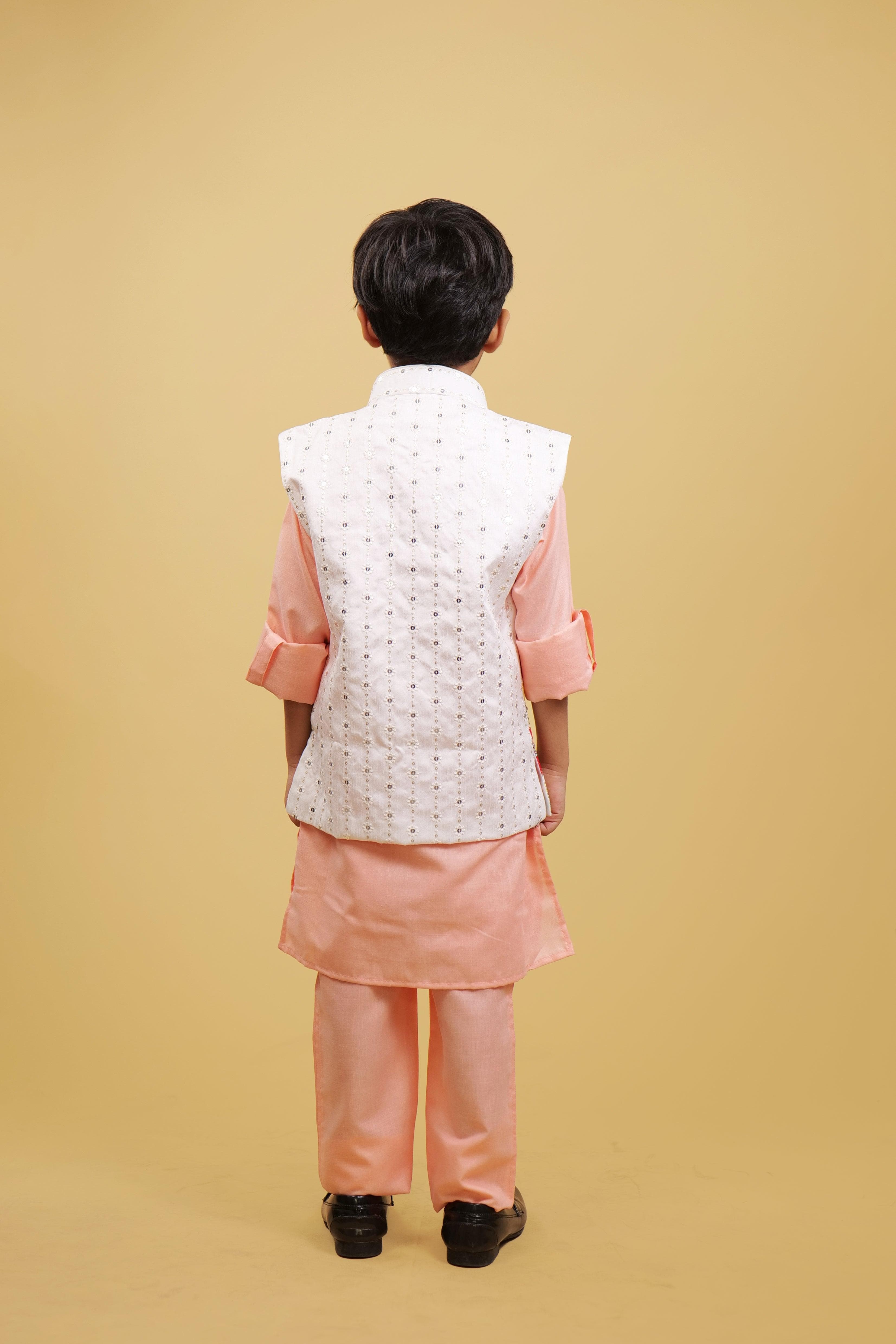Embroidered Peach Boy's Kurta Pyjama