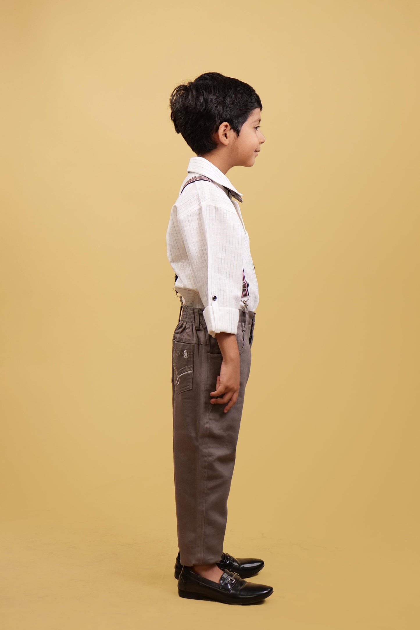Clothing Sets For Boys: White Lining Shirt With Brown Pants