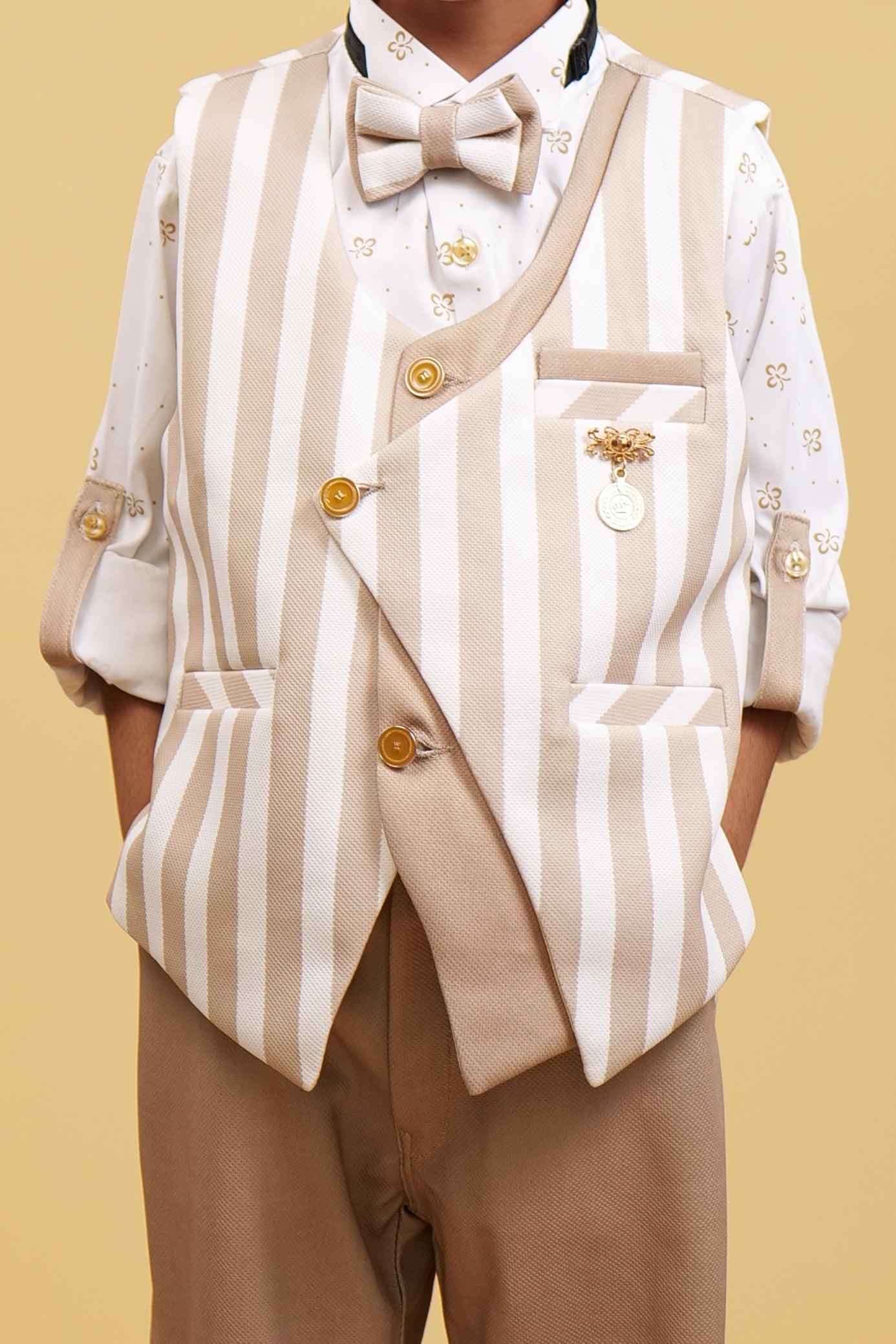White Strips WaistCoat Set For Boys