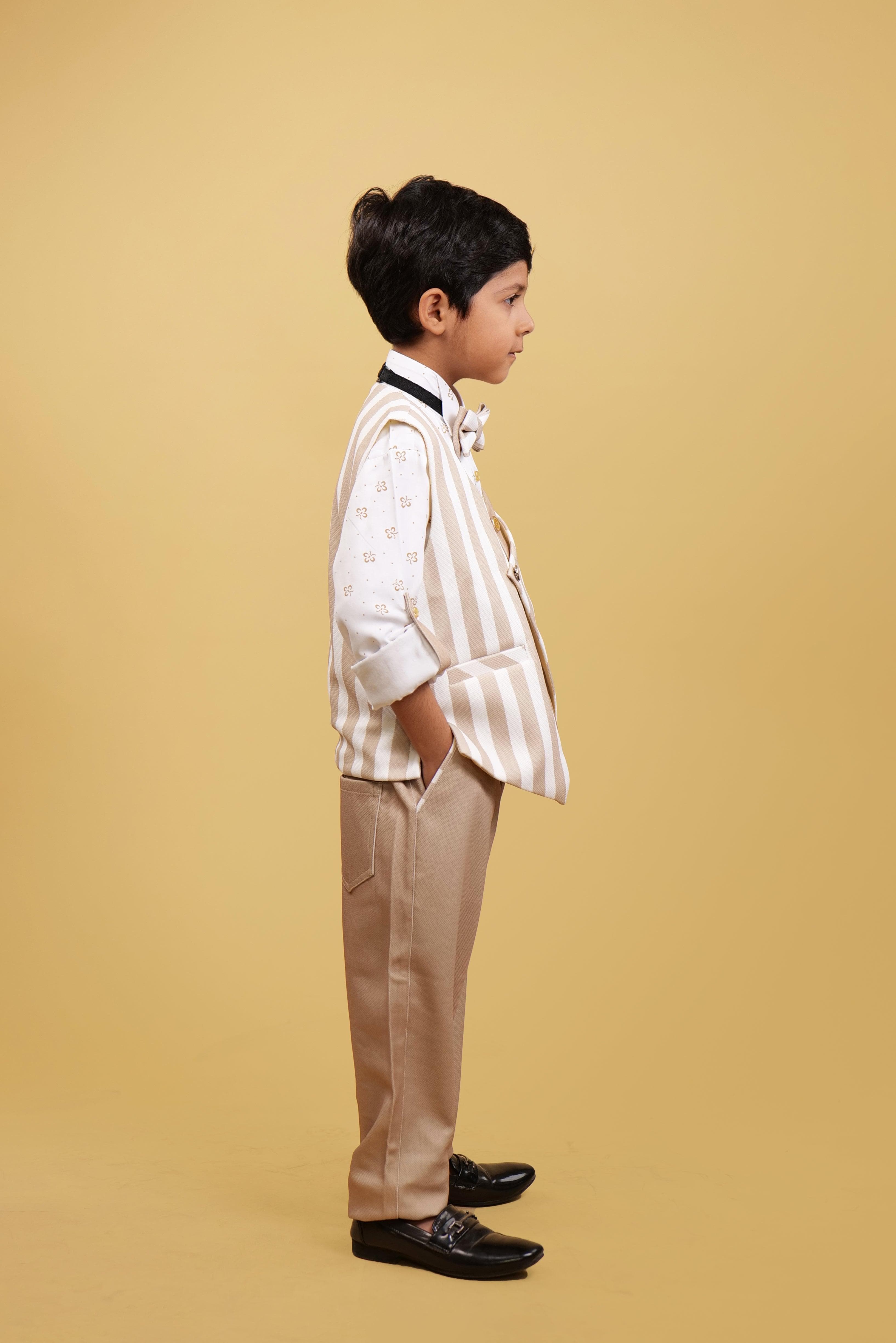 White Strips WaistCoat Set For Boys