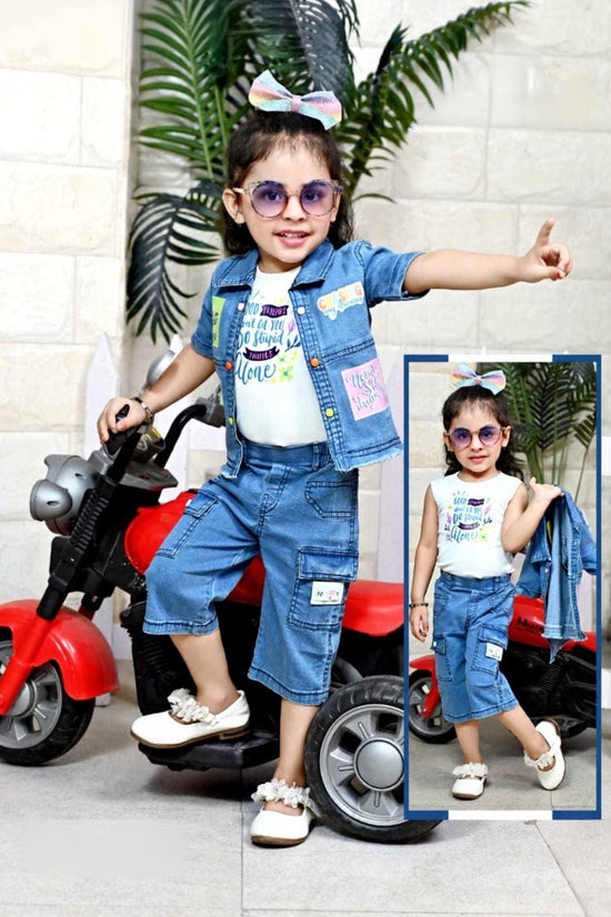 Clothing Sets For Girls | Denim Shirt & Capri With White Tshirt