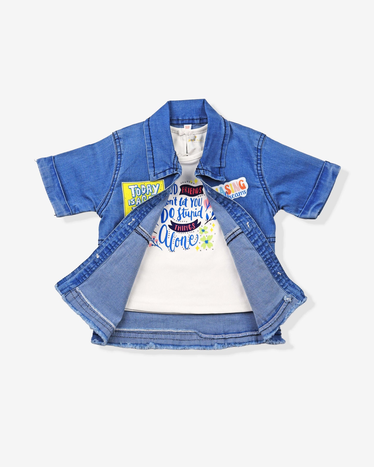 Clothing Sets For Girls | Denim Shirt & Capri With White Tshirt