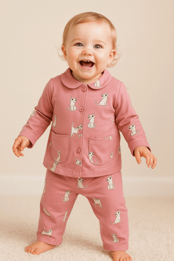 Night Suit For Baby Girls | Cat Print | Pink