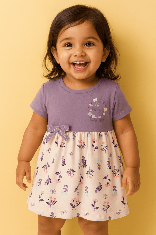 Frock For Girls | Half Sleeves | Mouse Print | 100% Cotton | Purple