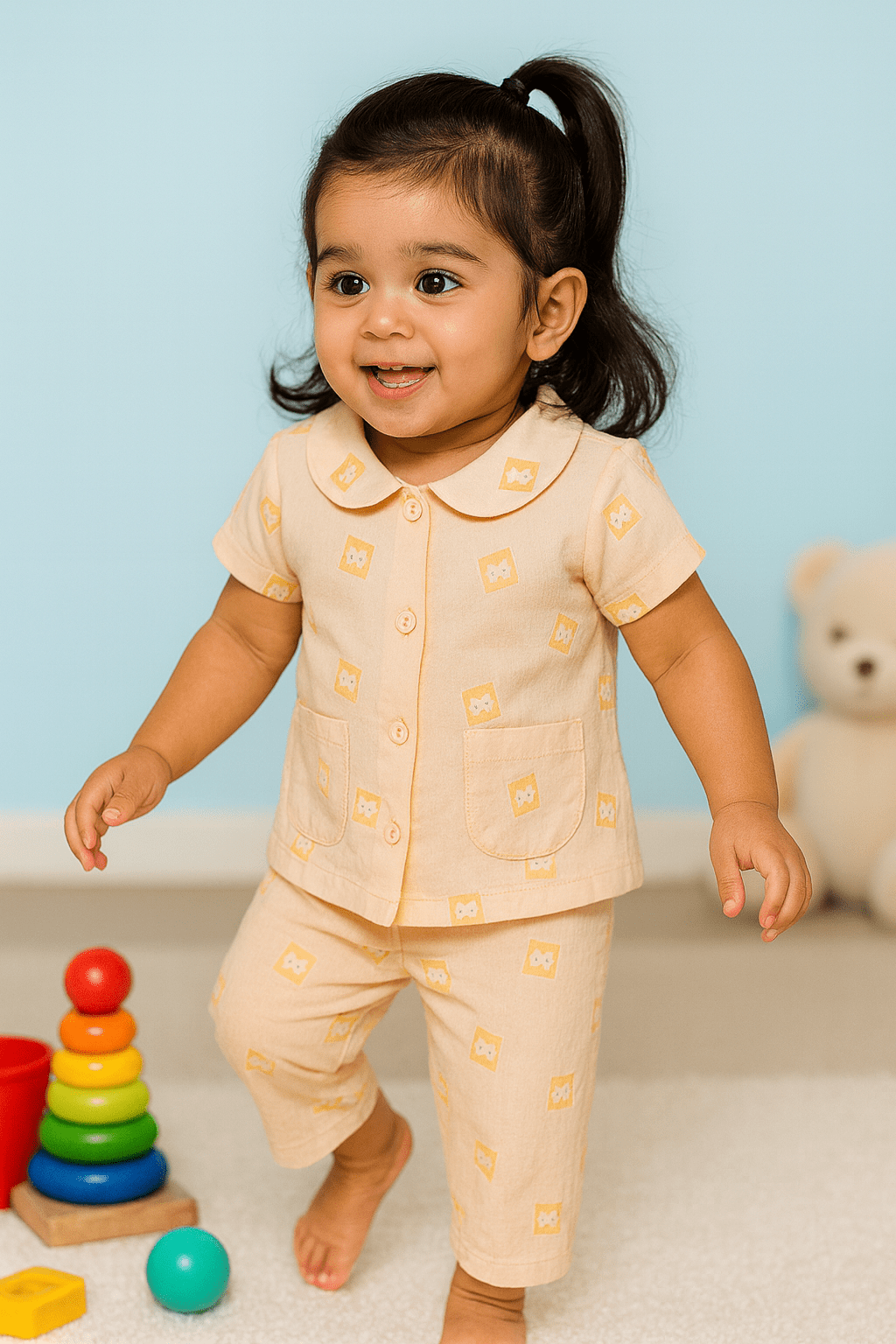 Beige Teddy Sinker Girls's Half Sleeve Sleepwear Set | Front Open