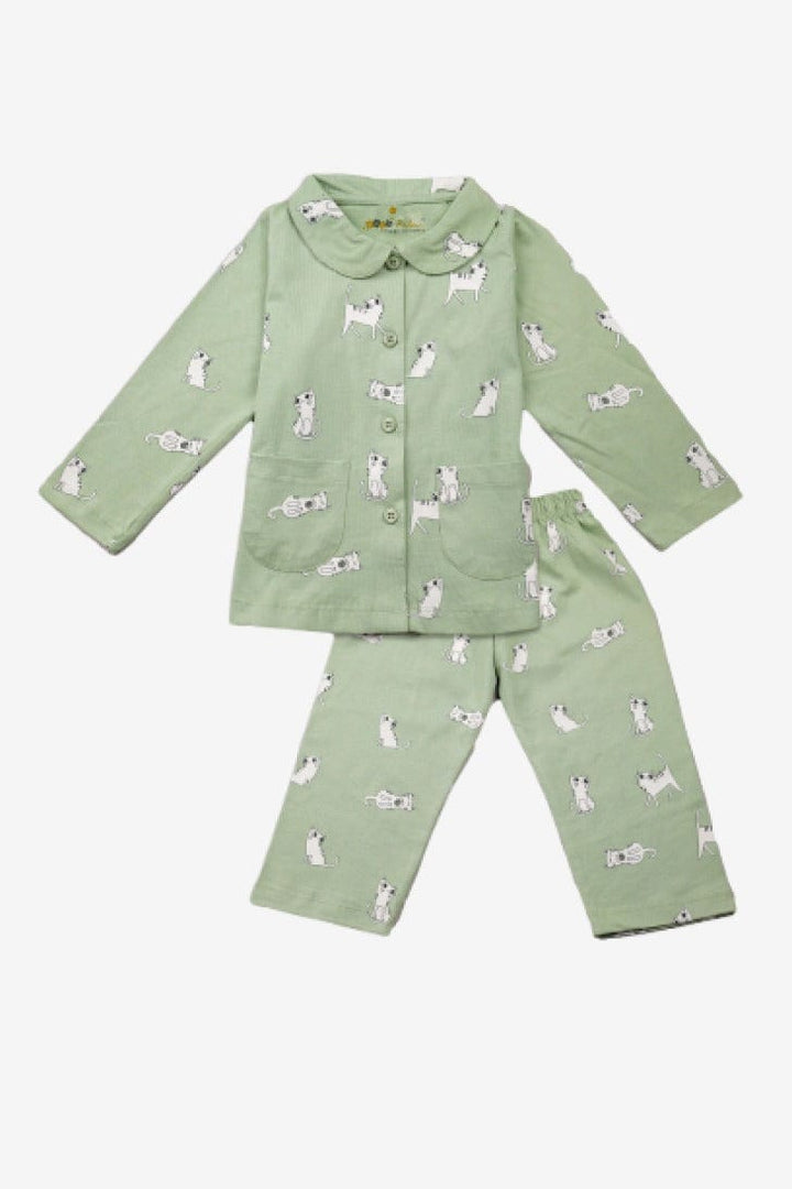 Night Suit For Baby Girls | Cat Print | Green