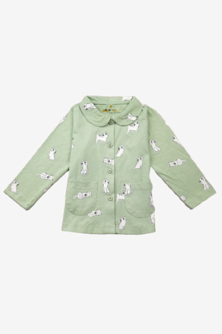 Night Suit For Baby Girls | Cat Print | Green