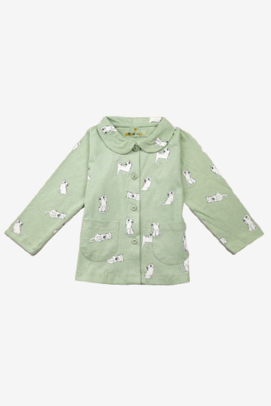 Night Suit For Baby Girls | Cat Print | Green