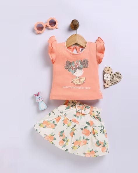 Girls Printed Orange Skirt With Top