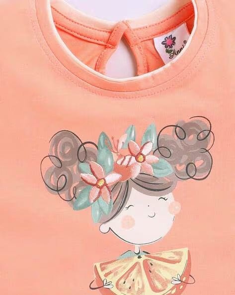 Girls Printed Orange Skirt With Top