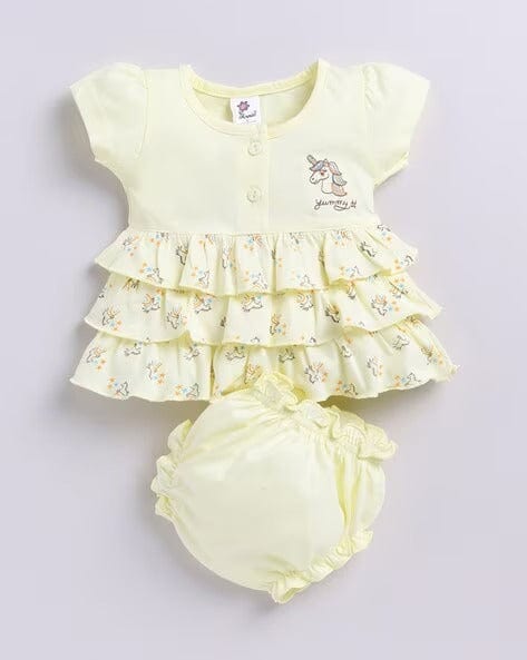 Yellow Floral Printed Frock For Girls