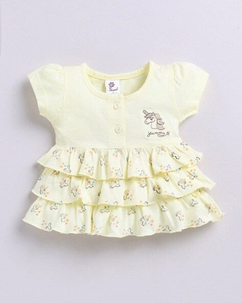 Yellow Floral Printed Frock For Girls
